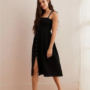 Aerie Black Tie-Shoulder Smocked Midi Dress